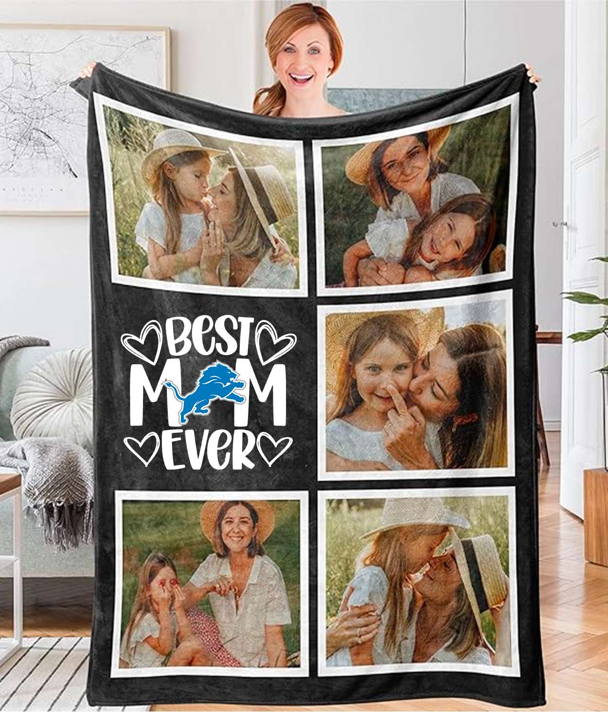 Best Mom Ever - Custom NFL Detroit Lions Blankets with Pictures for Mother's Day Gift